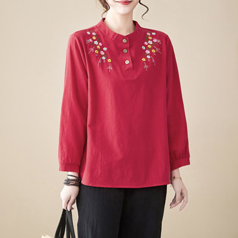 Camicia da donna in cotone a maniche lunghe con colletto rialzato e motivo floreale ricamato primaverile Buddha Stones - Cremisi - US12, UK/AU16, EU44 (3XL) - image 20