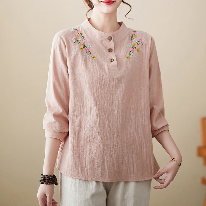 Camicia da donna in cotone a maniche lunghe con colletto rialzato e motivo floreale ricamato primaverile Buddha Stones - image 0