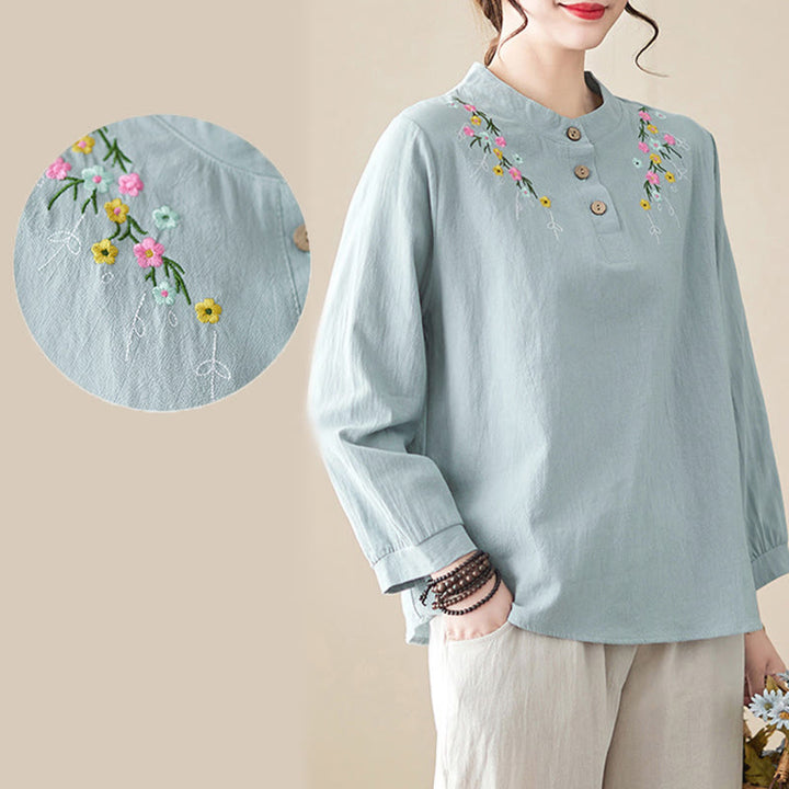 Camicia da donna in cotone a maniche lunghe con colletto rialzato e motivo floreale ricamato primaverile Buddha Stones - image 18