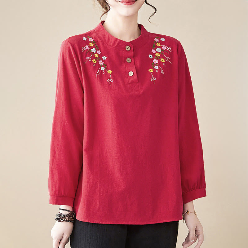 Camicia da donna in cotone a maniche lunghe con colletto rialzato e motivo floreale ricamato primaverile Buddha Stones - image 22
