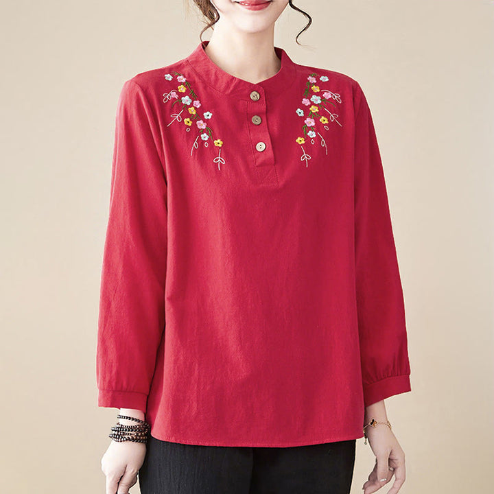 Camicia da donna in cotone a maniche lunghe con colletto rialzato e motivo floreale ricamato primaverile Buddha Stones - image 22