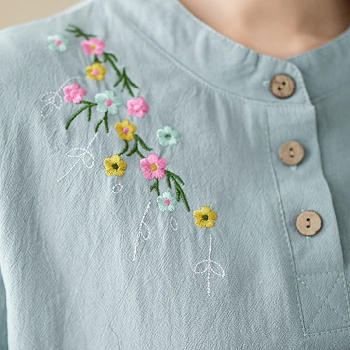 Camicia da donna in cotone a maniche lunghe con colletto rialzato e motivo floreale ricamato primaverile Buddha Stones - image 13