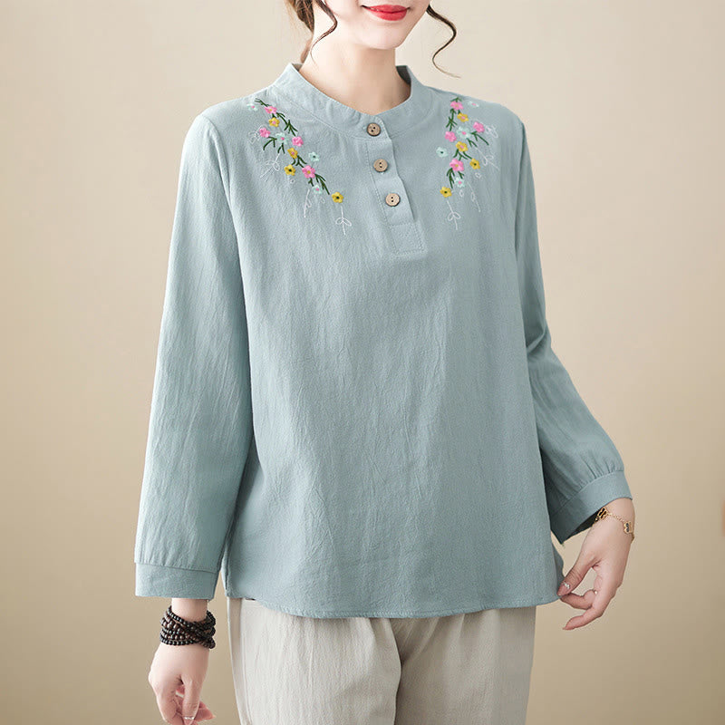 Camicia da donna in cotone a maniche lunghe con colletto rialzato e motivo floreale ricamato primaverile Buddha Stones - Azzurro chiaro - US12, UK/AU16, EU44 (3XL) - image 5