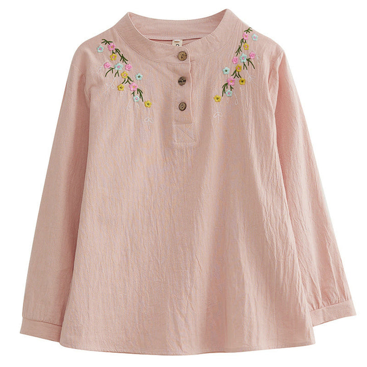 Camicia da donna in cotone a maniche lunghe con colletto rialzato e motivo floreale ricamato primaverile Buddha Stones - image 4