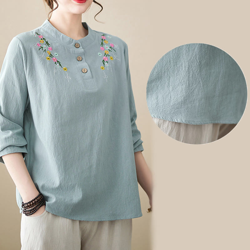 Camicia da donna in cotone a maniche lunghe con colletto rialzato e motivo floreale ricamato primaverile Buddha Stones - image 19