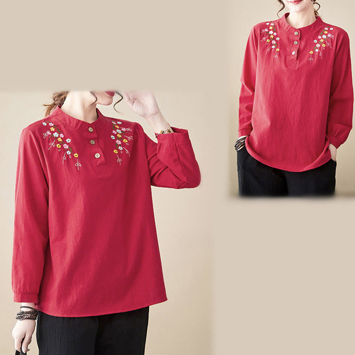 Camicia da donna in cotone a maniche lunghe con colletto rialzato e motivo floreale ricamato primaverile Buddha Stones - image 25