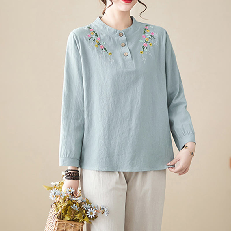 Camicia da donna in cotone a maniche lunghe con colletto rialzato e motivo floreale ricamato primaverile Buddha Stones - image 7