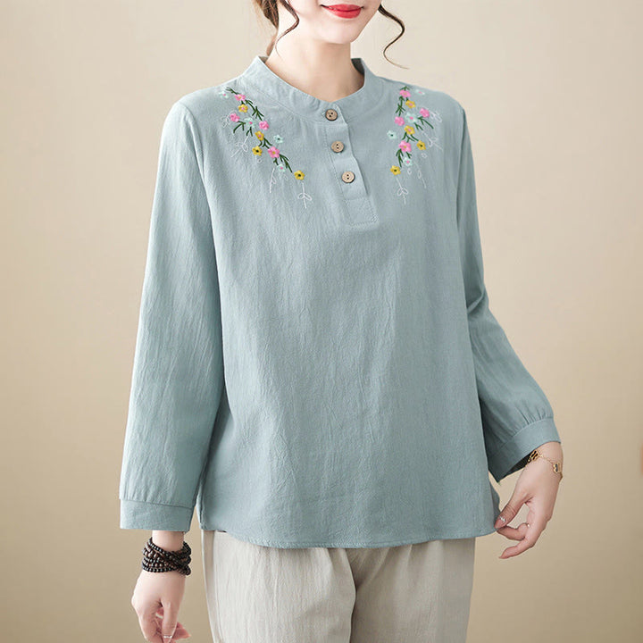 Camicia da donna in cotone a maniche lunghe con colletto rialzato e motivo floreale ricamato primaverile Buddha Stones - Azzurro chiaro - US12, UK/AU16, EU44 (3XL) - image 5