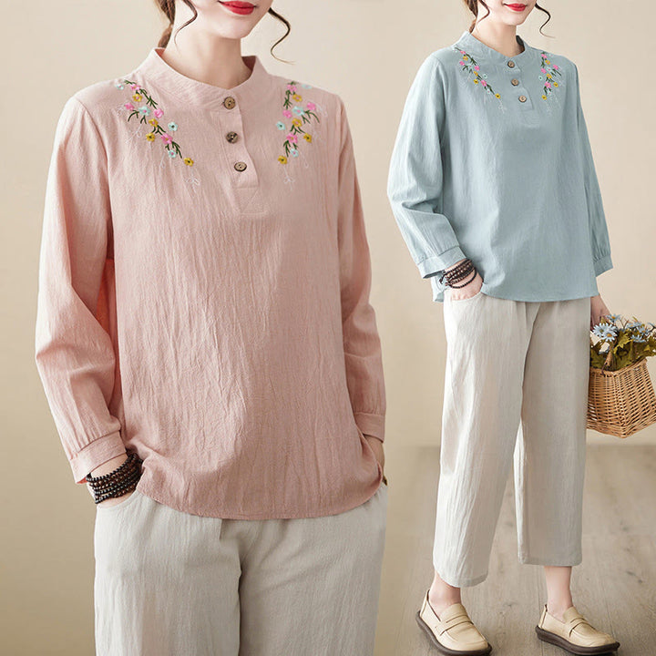 Camicia da donna in cotone a maniche lunghe con colletto rialzato e motivo floreale ricamato primaverile Buddha Stones - image 27