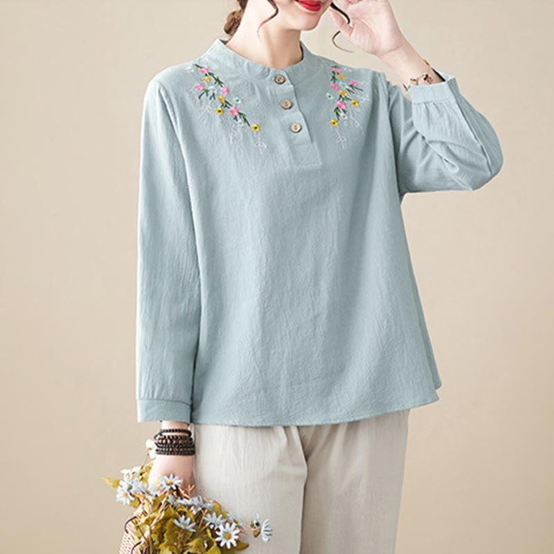 Camicia da donna in cotone a maniche lunghe con colletto rialzato e motivo floreale ricamato primaverile Buddha Stones - image 8