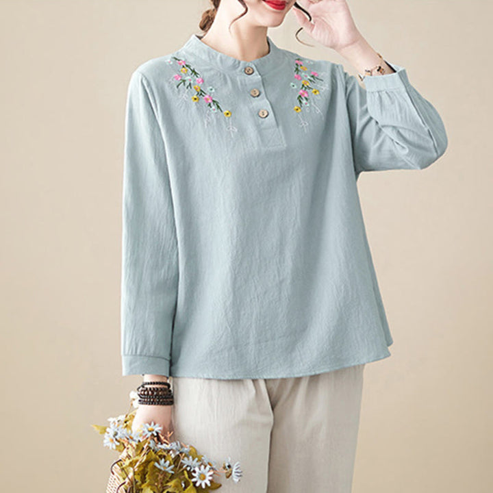 Camicia da donna in cotone a maniche lunghe con colletto rialzato e motivo floreale ricamato primaverile Buddha Stones - image 8