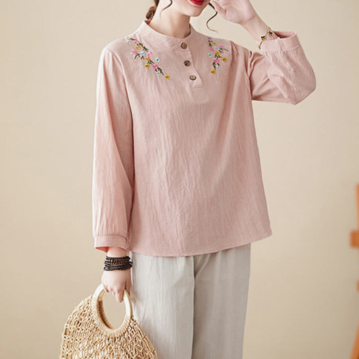 Camicia da donna in cotone a maniche lunghe con colletto rialzato e motivo floreale ricamato primaverile Buddha Stones - image 2