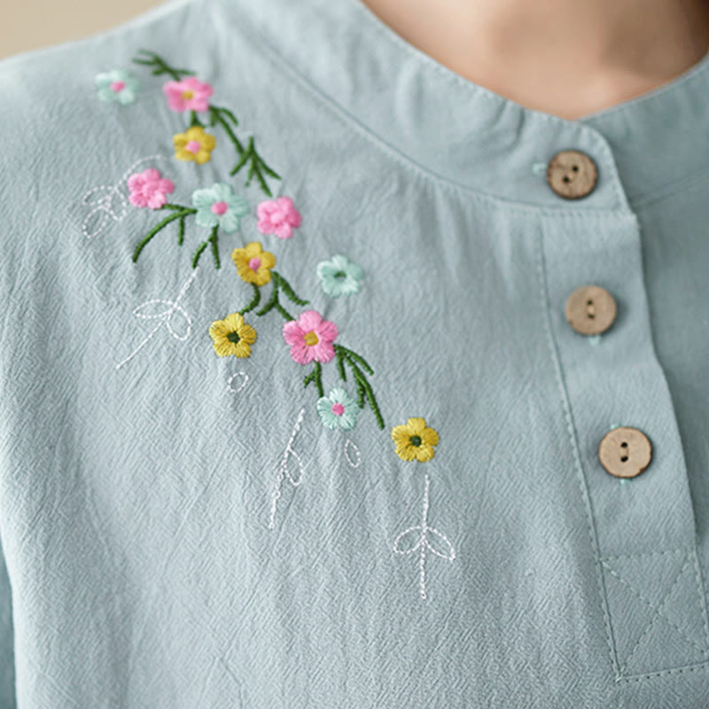 Camicia da donna in cotone a maniche lunghe con colletto rialzato e motivo floreale ricamato primaverile Buddha Stones - image 13