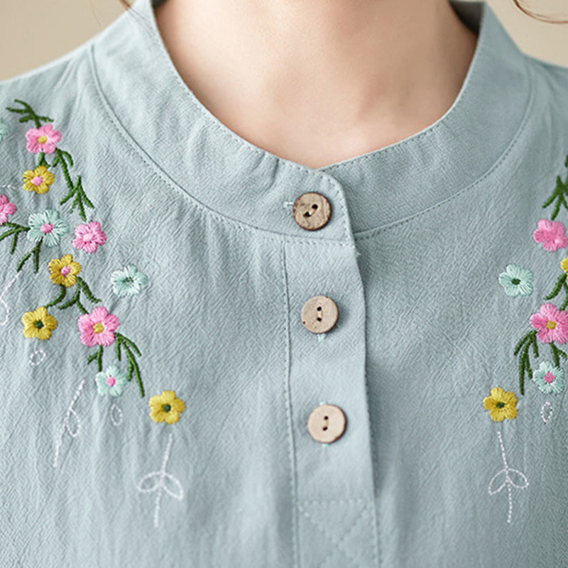Camicia da donna in cotone a maniche lunghe con colletto rialzato e motivo floreale ricamato primaverile Buddha Stones - image 11