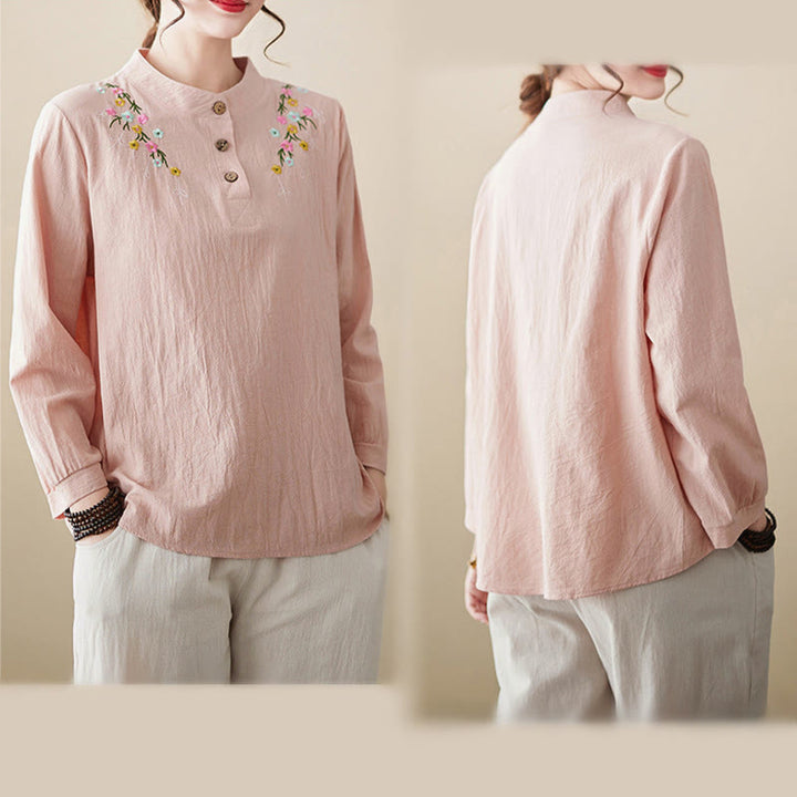 Camicia da donna in cotone a maniche lunghe con colletto rialzato e motivo floreale ricamato primaverile Buddha Stones - image 3