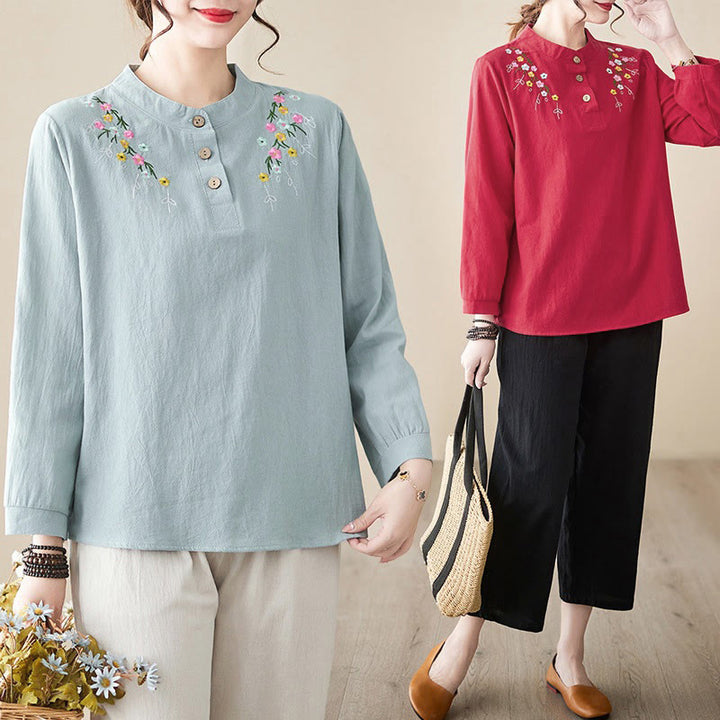 Camicia da donna in cotone a maniche lunghe con colletto rialzato e motivo floreale ricamato primaverile Buddha Stones - image 26