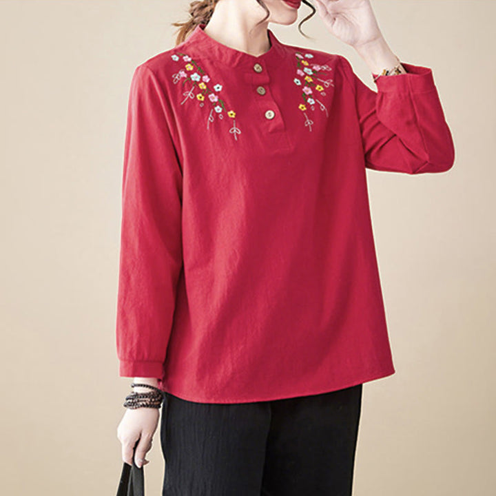 Camicia da donna in cotone a maniche lunghe con colletto rialzato e motivo floreale ricamato primaverile Buddha Stones - image 21