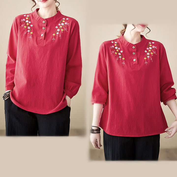 Camicia da donna in cotone a maniche lunghe con colletto rialzato e motivo floreale ricamato primaverile Buddha Stones - image 24