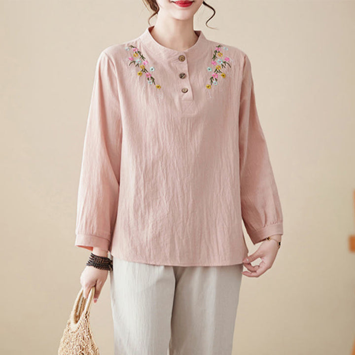 Camicia da donna in cotone a maniche lunghe con colletto rialzato e motivo floreale ricamato primaverile Buddha Stones - Rosa chiaro - US12, UK/AU16, EU44 (3XL) - image 1