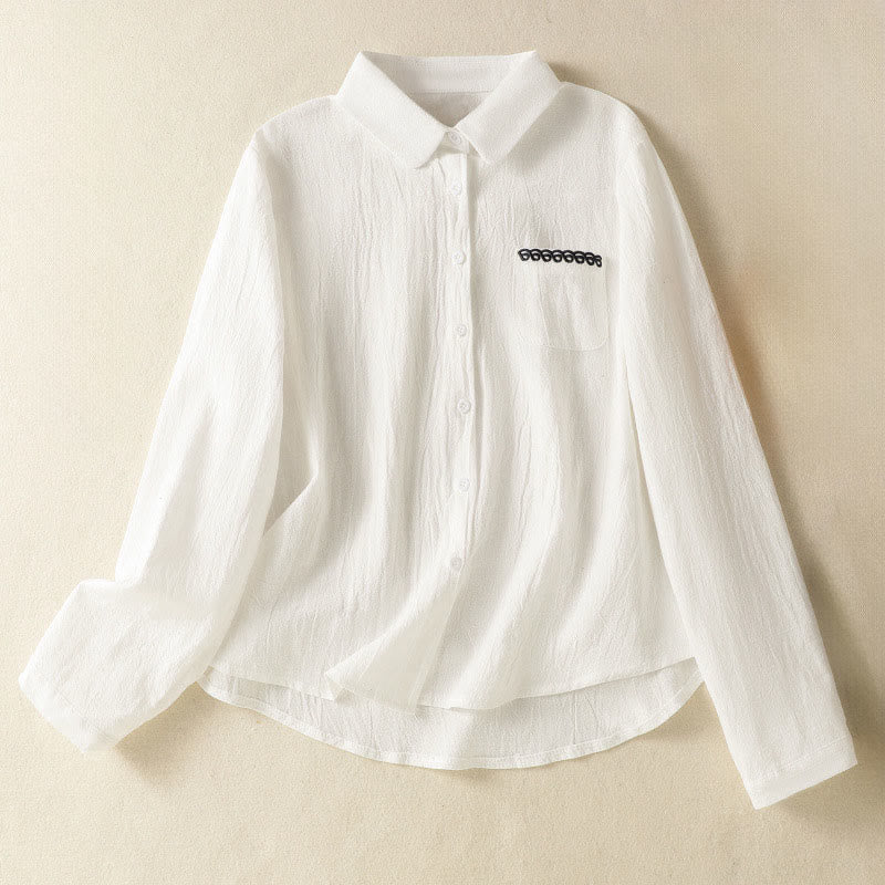 Camicia da donna in cotone a maniche lunghe con taschino, modello Buddha Stones, modello retrò semplice e primaverile, con ricamo - Bianco - US8-10, UK/AU12-14, EU40-42 (2XL) - image 8