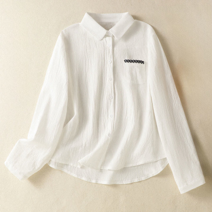 Camicia da donna in cotone a maniche lunghe con taschino, modello Buddha Stones, modello retrò semplice e primaverile, con ricamo - Bianco - US8-10, UK/AU12-14, EU40-42 (2XL) - image 8