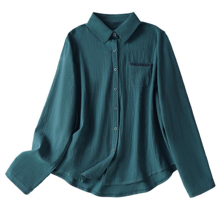 Camicia da donna in cotone a maniche lunghe con taschino, modello Buddha Stones, modello retrò semplice e primaverile, con ricamo - image 25
