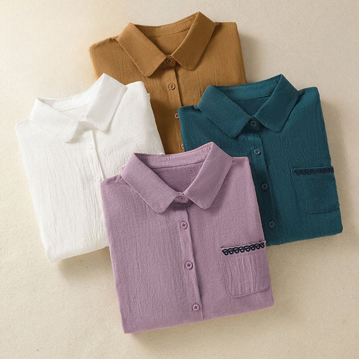 Camicia da donna in cotone a maniche lunghe con taschino, modello Buddha Stones, modello retrò semplice e primaverile, con ricamo - image 33