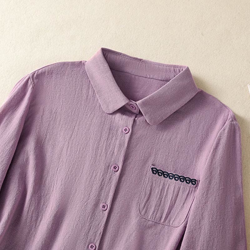 Camicia da donna in cotone a maniche lunghe con taschino, modello Buddha Stones, modello retrò semplice e primaverile, con ricamo - image 2