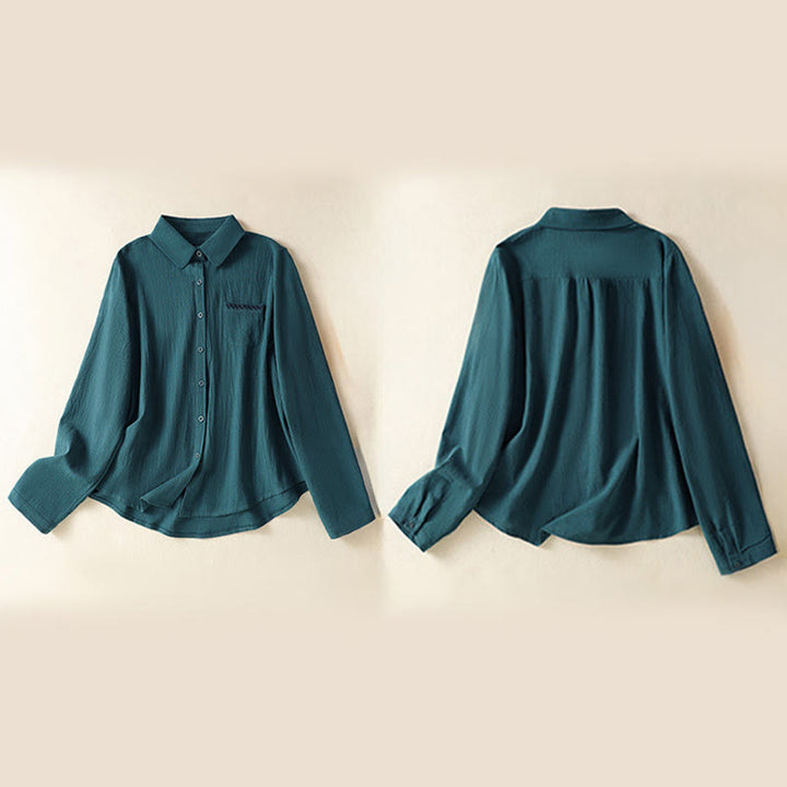 Camicia da donna in cotone a maniche lunghe con taschino, modello Buddha Stones, modello retrò semplice e primaverile, con ricamo - image 24