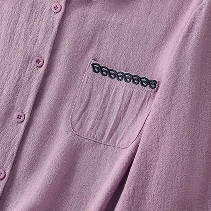 Camicia da donna in cotone a maniche lunghe con taschino, modello Buddha Stones, modello retrò semplice e primaverile, con ricamo - image 4