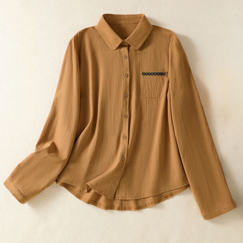 Camicia da donna in cotone a maniche lunghe con taschino, modello Buddha Stones, modello retrò semplice e primaverile, con ricamo - DarkGoldenrod - US8-10, UK/AU12-14, EU40-42 (2XL) - image 26