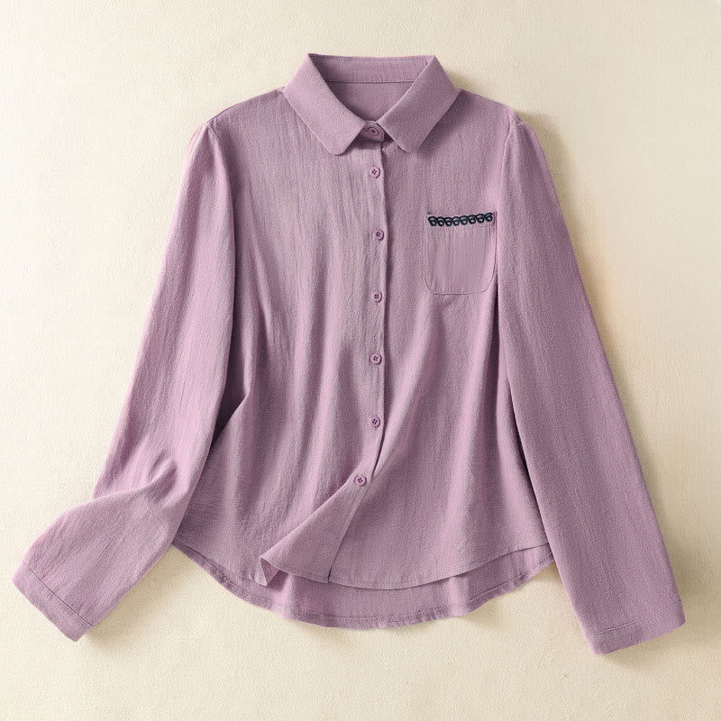 Camicia da donna in cotone a maniche lunghe con taschino, modello Buddha Stones, modello retrò semplice e primaverile, con ricamo - Prugna - US8-10, UK/AU12-14, EU40-42 (2XL) - image 0