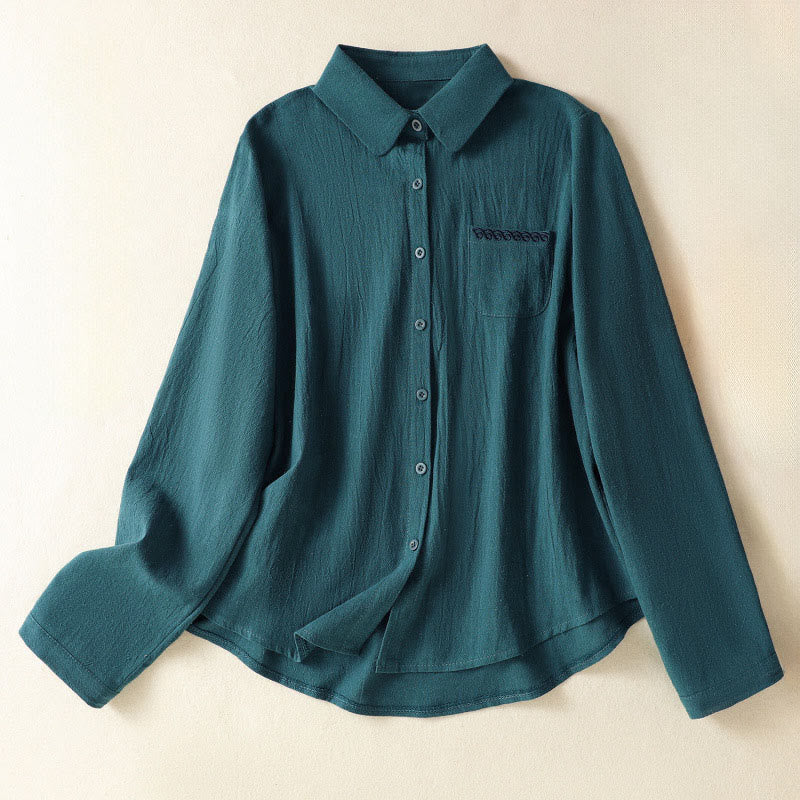 Camicia da donna in cotone a maniche lunghe con taschino, modello Buddha Stones, modello retrò semplice e primaverile, con ricamo - Verde acqua - US8-10, UK/AU12-14, EU40-42 (2XL) - image 17