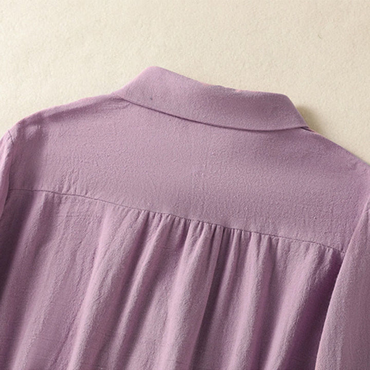 Camicia da donna in cotone a maniche lunghe con taschino, modello Buddha Stones, modello retrò semplice e primaverile, con ricamo - image 3