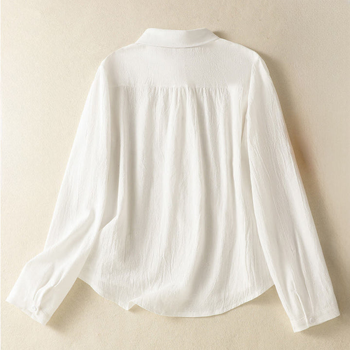Camicia da donna in cotone a maniche lunghe con taschino, modello Buddha Stones, modello retrò semplice e primaverile, con ricamo - image 9