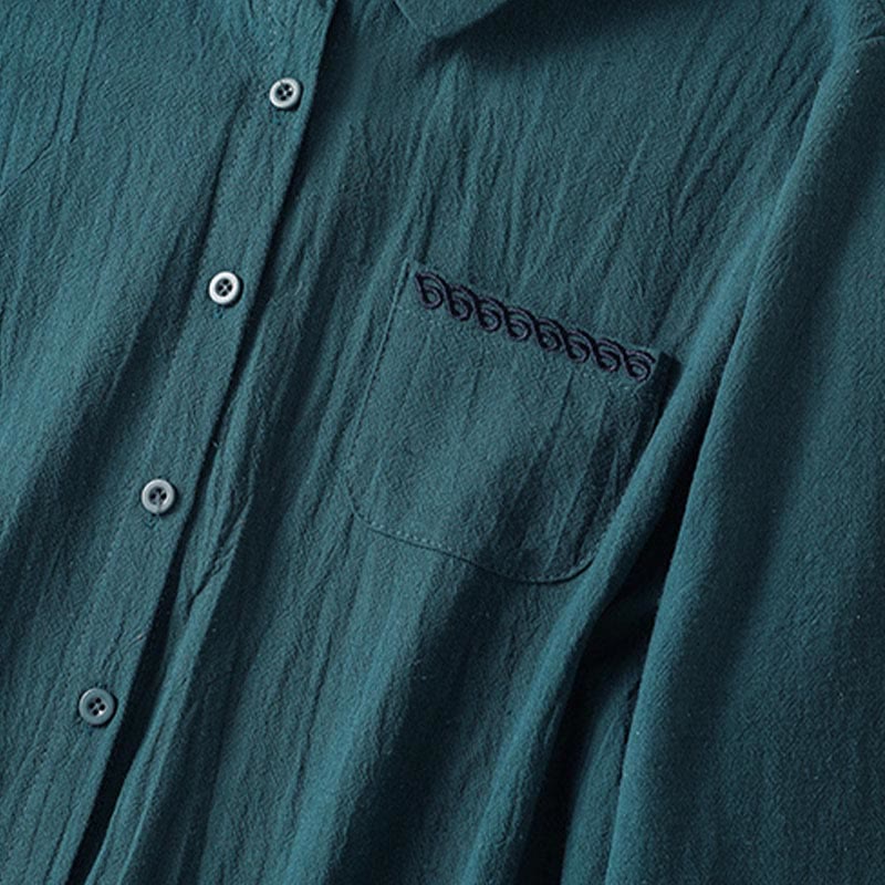 Camicia da donna in cotone a maniche lunghe con taschino, modello Buddha Stones, modello retrò semplice e primaverile, con ricamo - image 20