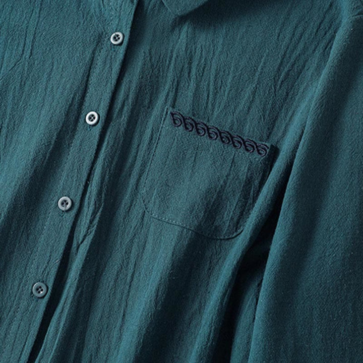 Camicia da donna in cotone a maniche lunghe con taschino, modello Buddha Stones, modello retrò semplice e primaverile, con ricamo - image 20