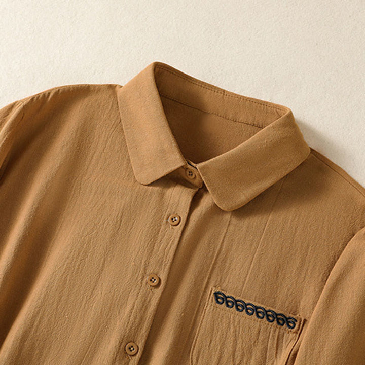 Camicia da donna in cotone a maniche lunghe con taschino, modello Buddha Stones, modello retrò semplice e primaverile, con ricamo - image 27