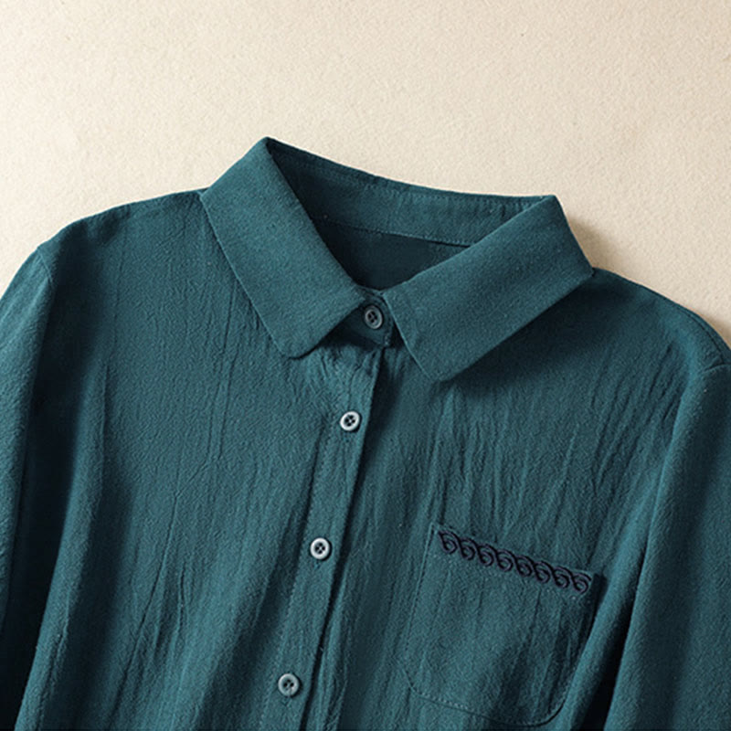Camicia da donna in cotone a maniche lunghe con taschino, modello Buddha Stones, modello retrò semplice e primaverile, con ricamo - image 18