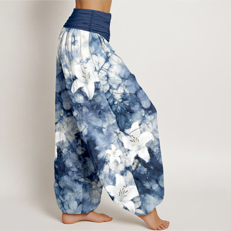Pantaloni harem da donna con elastico in vita, in puro cotone, stile acquerello, motivo giglio , Buddha Stones - image 2