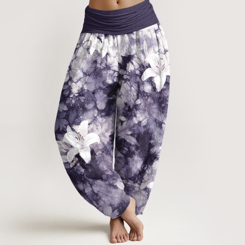 Pantaloni harem da donna con elastico in vita, in puro cotone, stile acquerello, motivo giglio , Buddha Stones - Indaco - US16, UK/AU20, EU48 (3XL) - image 5