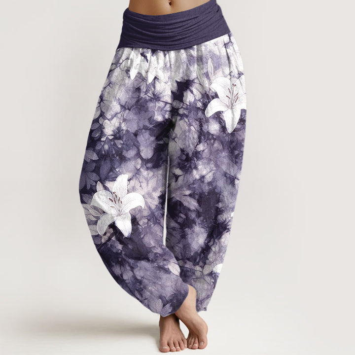 Pantaloni harem da donna con elastico in vita, in puro cotone, stile acquerello, motivo giglio , Buddha Stones - Indaco - US16, UK/AU20, EU48 (3XL) - image 5