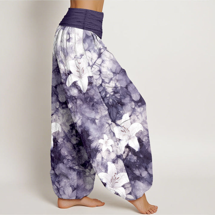 Pantaloni harem da donna con elastico in vita, in puro cotone, stile acquerello, motivo giglio , Buddha Stones - image 7