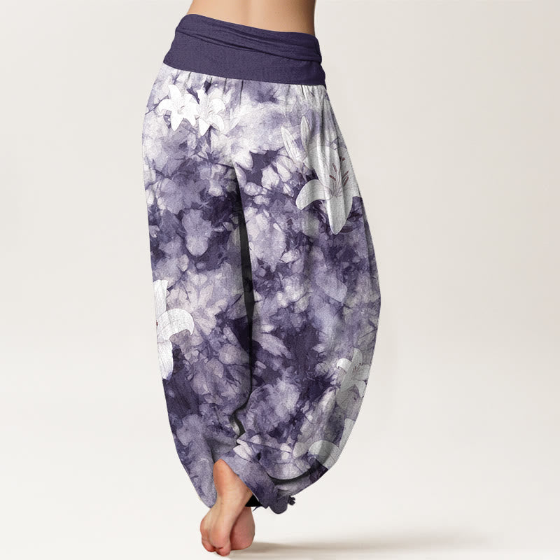 Pantaloni harem da donna con elastico in vita, in puro cotone, stile acquerello, motivo giglio , Buddha Stones - image 6