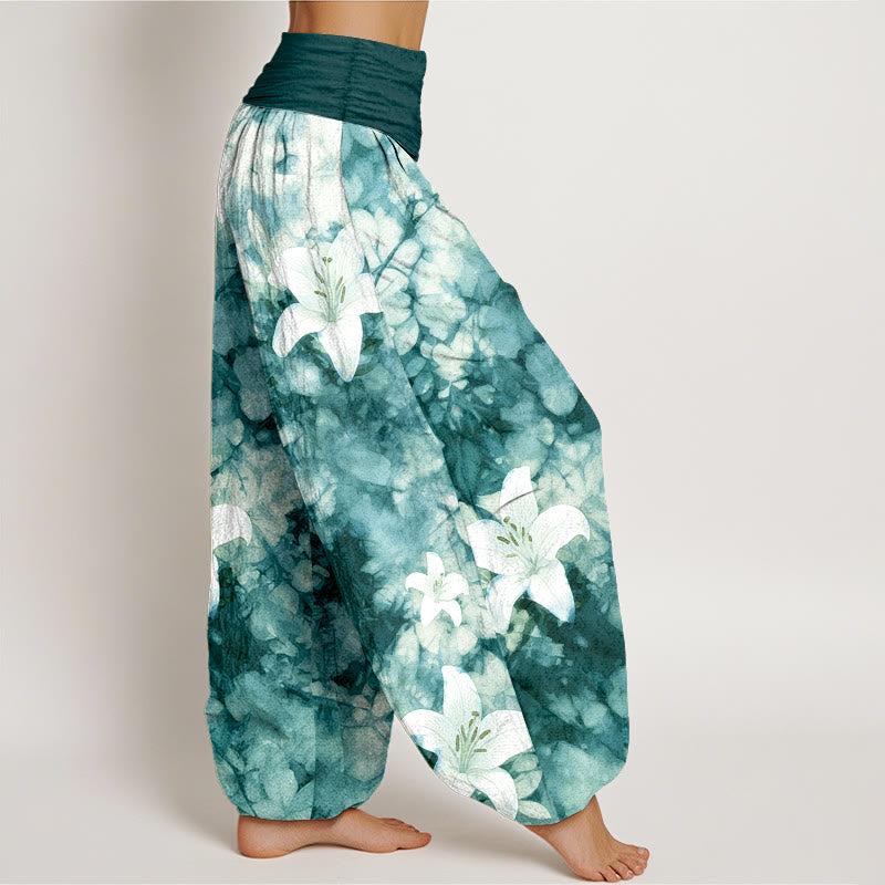 Pantaloni harem da donna con elastico in vita, in puro cotone, stile acquerello, motivo giglio , Buddha Stones - image 10