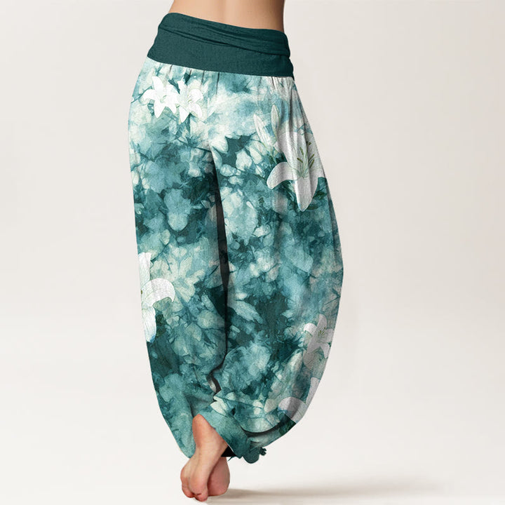 Pantaloni harem da donna con elastico in vita, in puro cotone, stile acquerello, motivo giglio , Buddha Stones - image 9