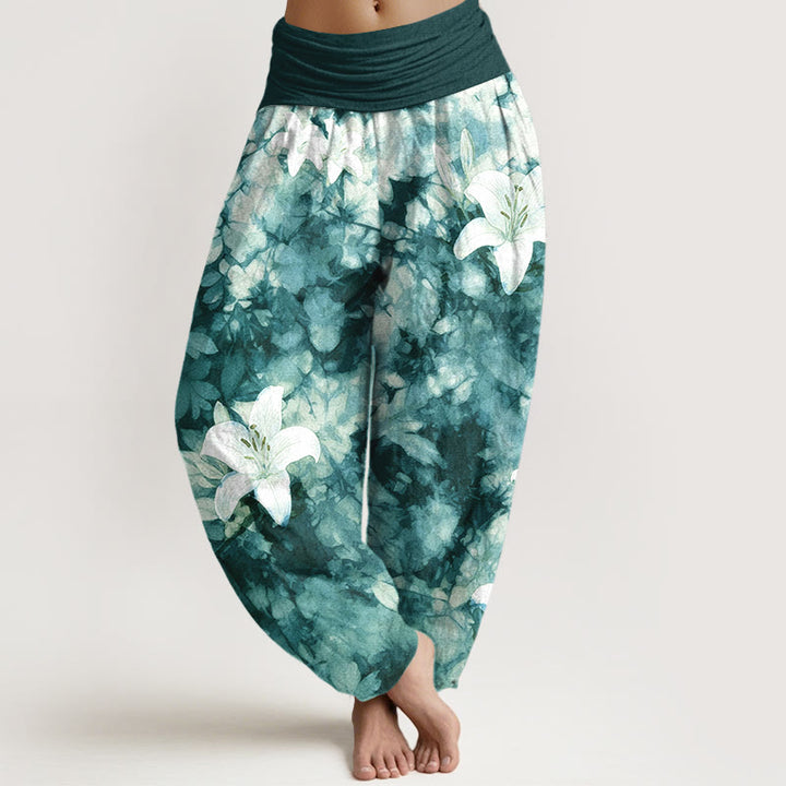 Pantaloni harem da donna con elastico in vita, in puro cotone, stile acquerello, motivo giglio , Buddha Stones - Verde scuro - US16, UK/AU20, EU48 (3XL) - image 8