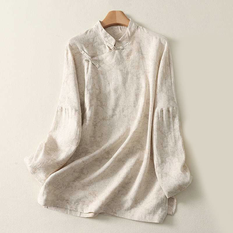 Camicia da donna in cotone e lino a maniche lunghe con motivo testurizzato e bottoni a Buddha Stones - Bianco antico - US14, UK/AU18, EU46 (2XL) - image 0