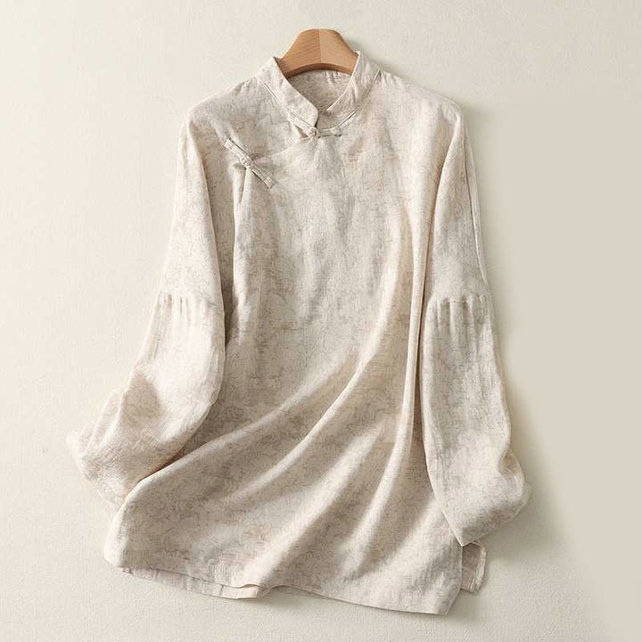 Camicia da donna in cotone e lino a maniche lunghe con motivo testurizzato e bottoni a Buddha Stones - Bianco antico - US14, UK/AU18, EU46 (2XL) - image 0