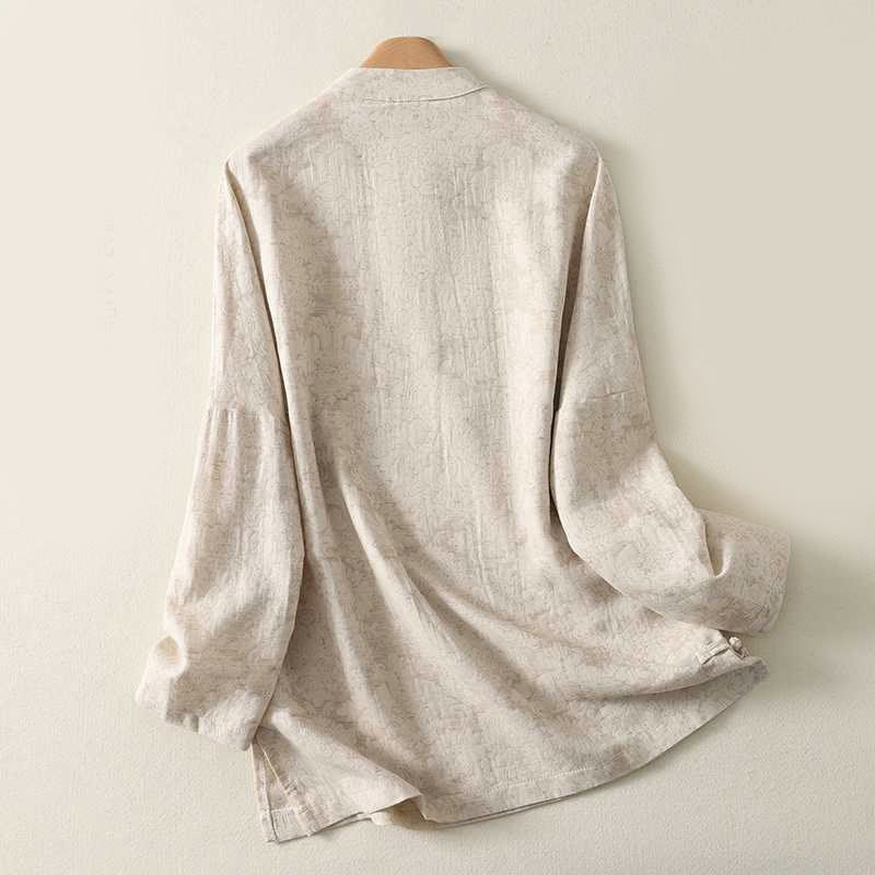 Camicia da donna in cotone e lino a maniche lunghe con motivo testurizzato e bottoni a Buddha Stones - image 1